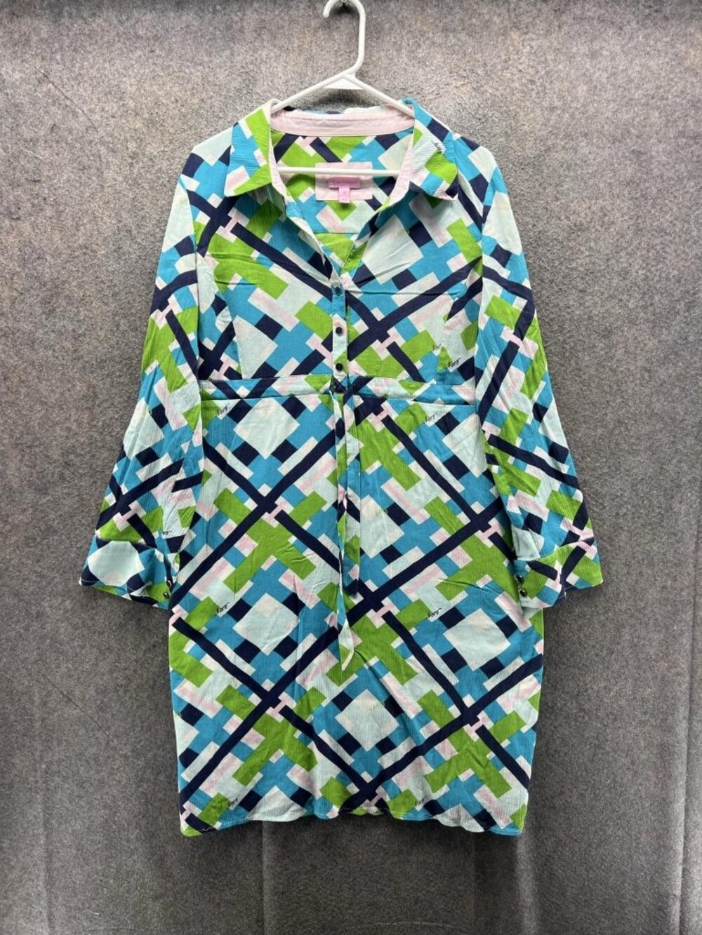 Lilly Pulitzer Shirt Dress Womens 14 Multicolor Geometric 3/4 Sleeve Short